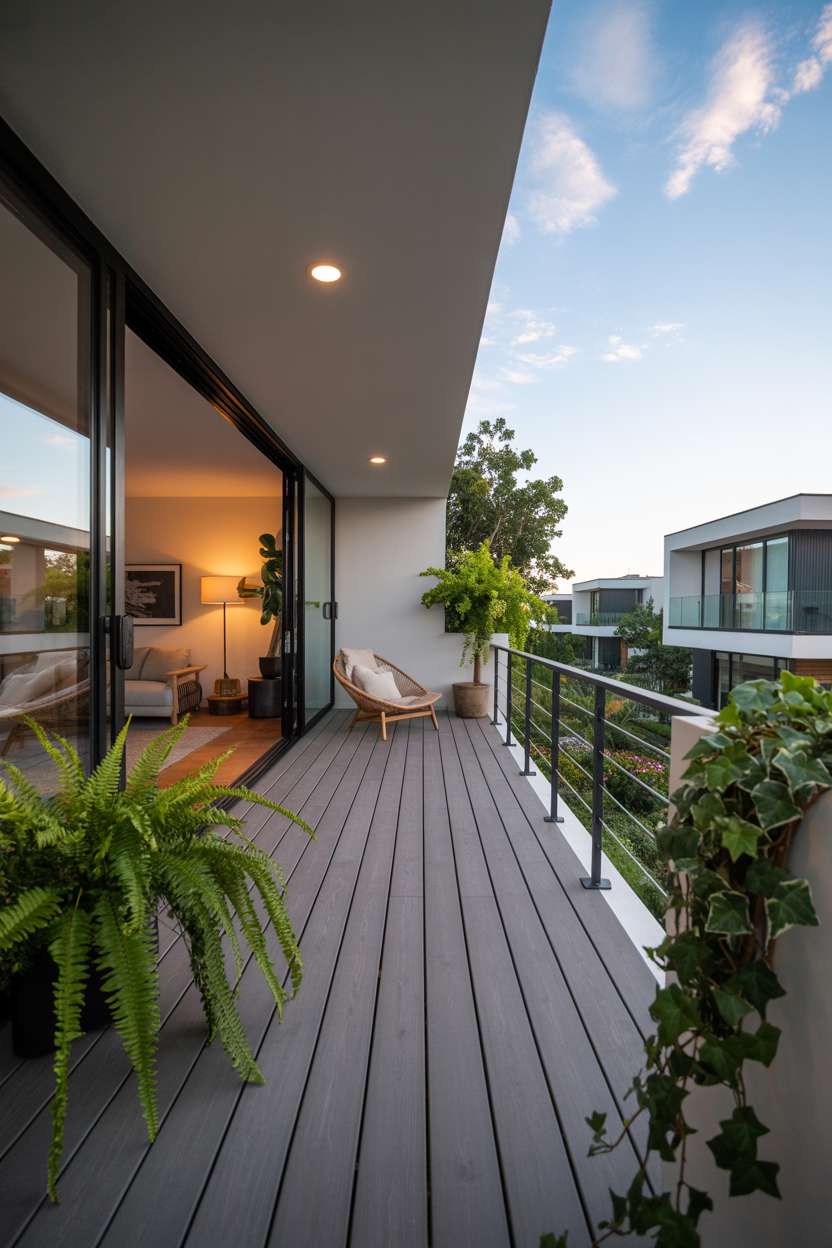 19 Stunning House Balcony Design Ideas to Inspire You 14 Sleek balcony extending from glass doors with steel railings and trailing ivy accents