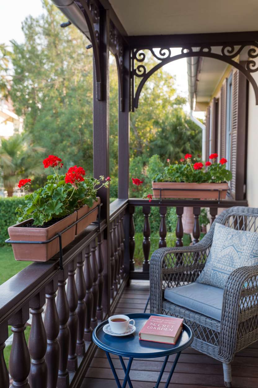 19 Stunning House Balcony Design Ideas to Inspire You 15 Traditional balcony with dark wooden railings featuring decorative scrollwork and red geranium accents