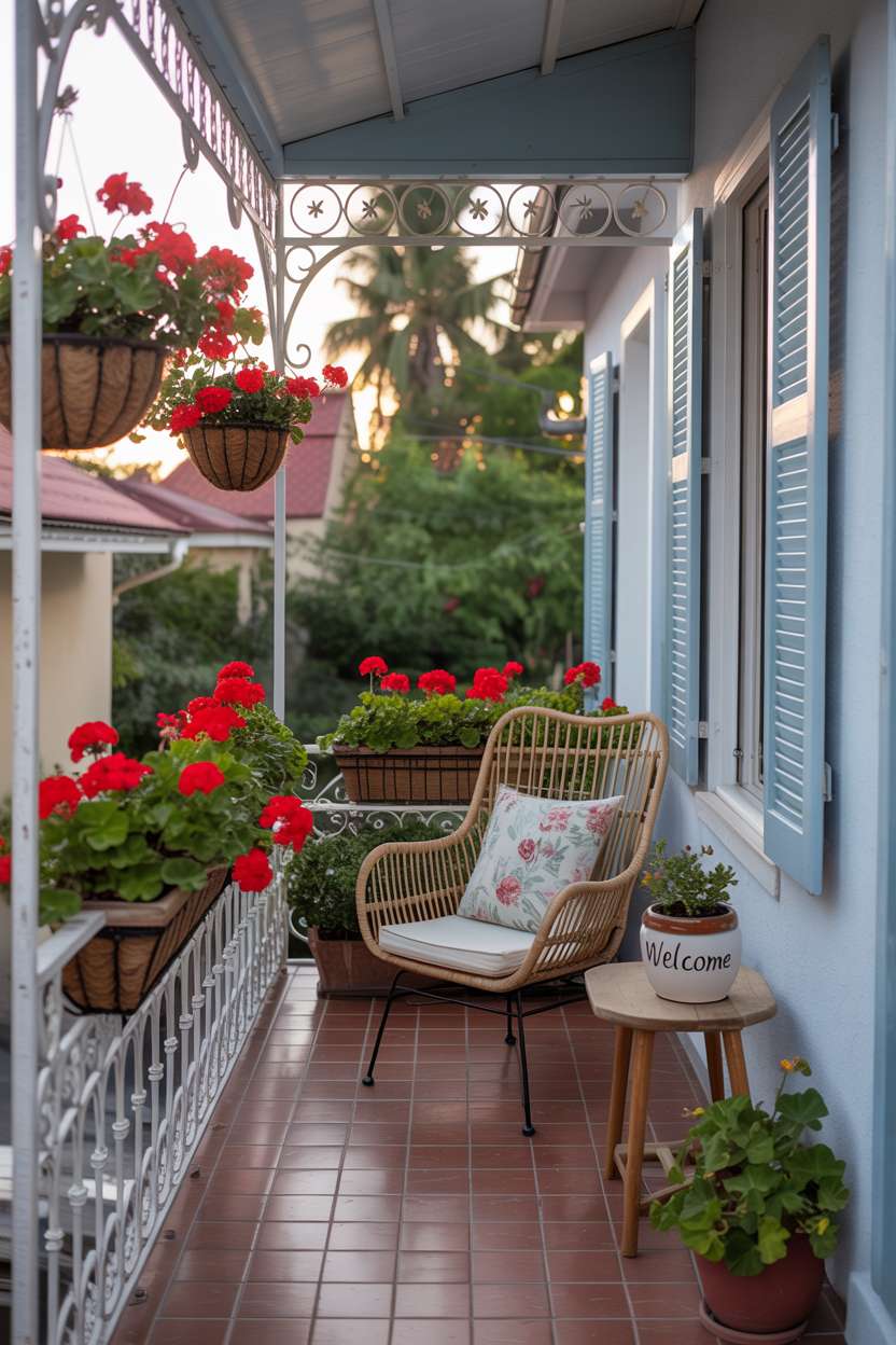19 Stunning House Balcony Design Ideas to Inspire You 16 Charming small balcony with white wrought iron railings and overflowing red geranium hanging baskets