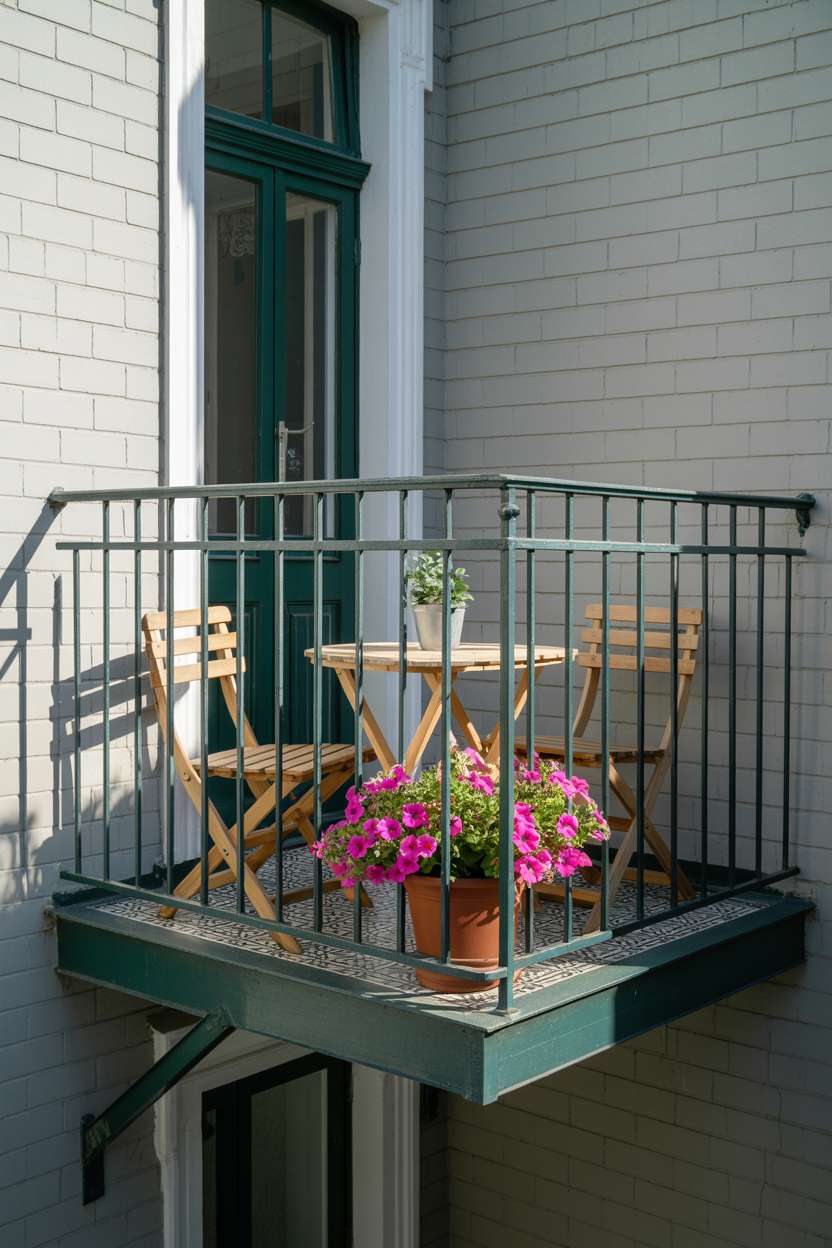 19 Stunning House Balcony Design Ideas to Inspire You 17 Victorian-style balcony with forest green wrought iron railings and patterned tile flooring