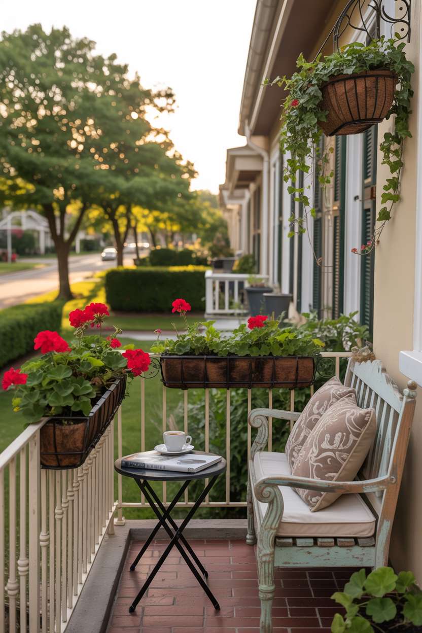 19 Stunning House Balcony Design Ideas to Inspire You 18 Front balcony with cream-colored railings, hanging planters, and bistro seating overlooking residential street