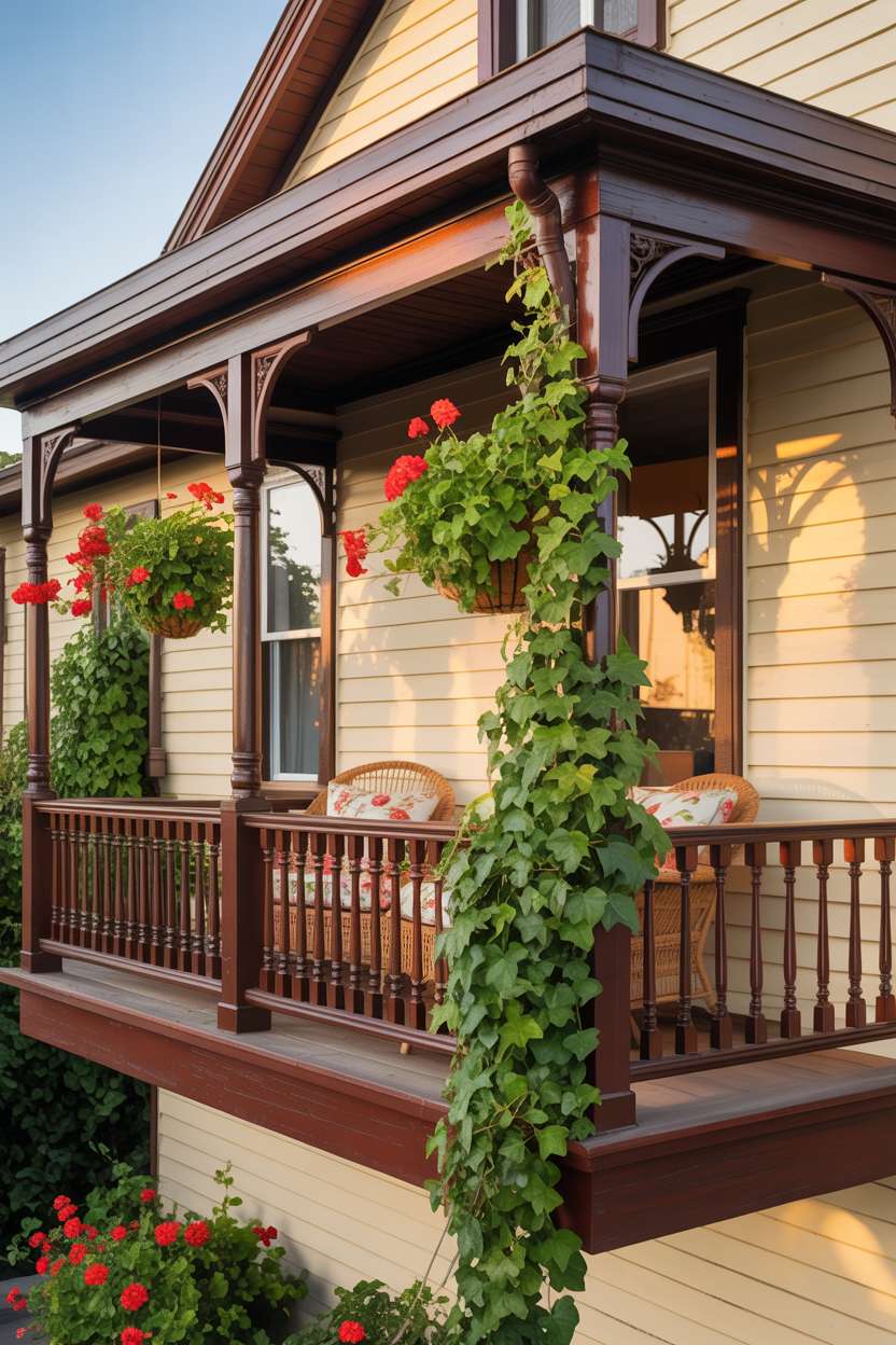 19 Stunning House Balcony Design Ideas to Inspire You 19 Two-story home with ornate wooden balcony railings, climbing ivy, and red geranium hanging planters
