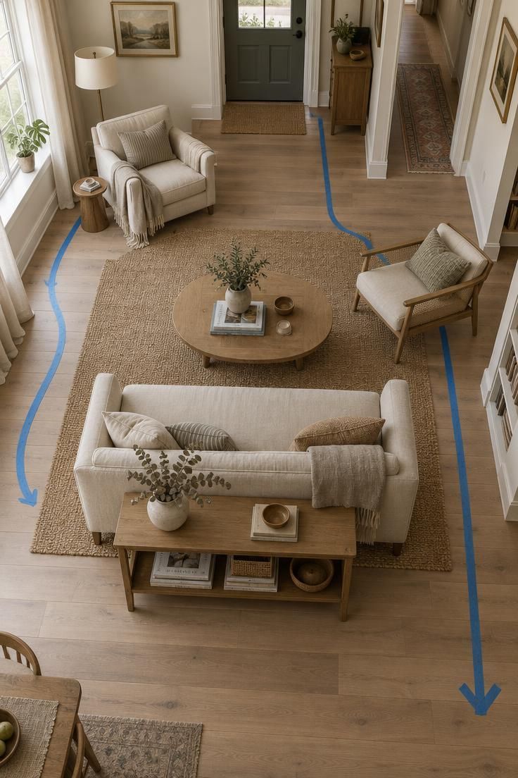 How to Arrange Living Room Furniture for Conversation and Clear Walkways 1 Overhead view of a living room with taped walkway routes across the floor, a sofa and two chairs grouped on a jute rug, and an oval coffee table in the center.