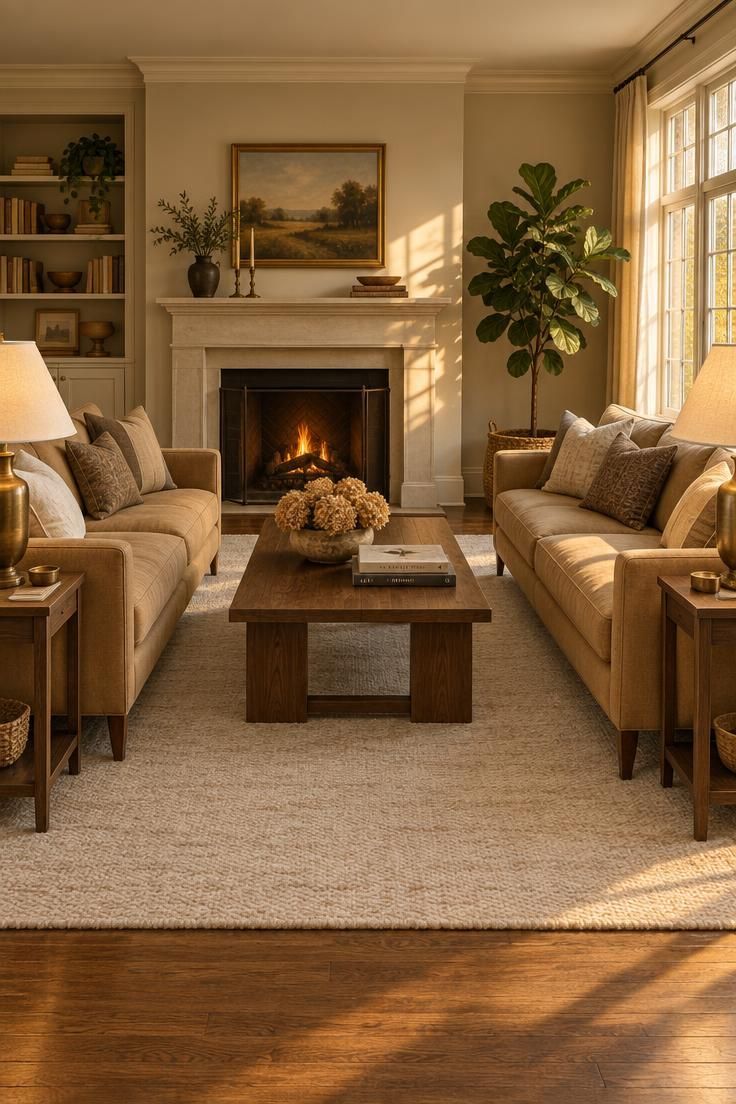How to Arrange Living Room Furniture for Conversation and Clear Walkways 2 Two camel linen sofas facing each other across a walnut coffee table on an ivory wool rug in a warm living room with golden window light.