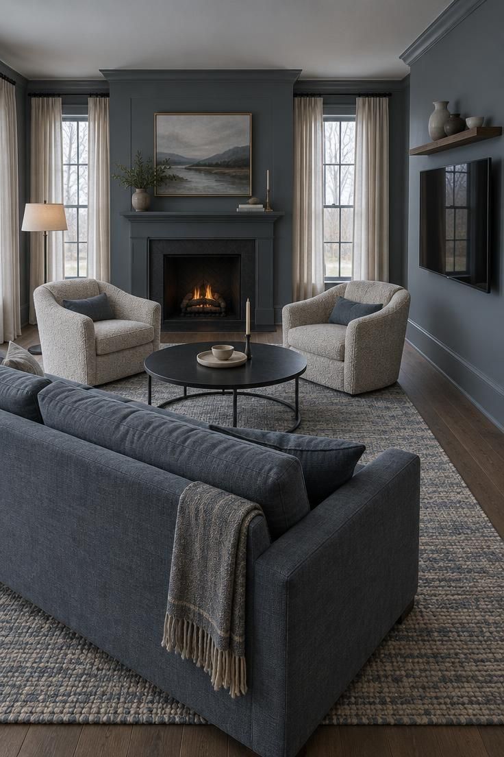 How to Arrange Living Room Furniture for Conversation and Clear Walkways 3 A living room with a television on a perpendicular wall, a blue-gray sofa facing the fireplace, and two armchairs angled toward conversation in cool daylight.