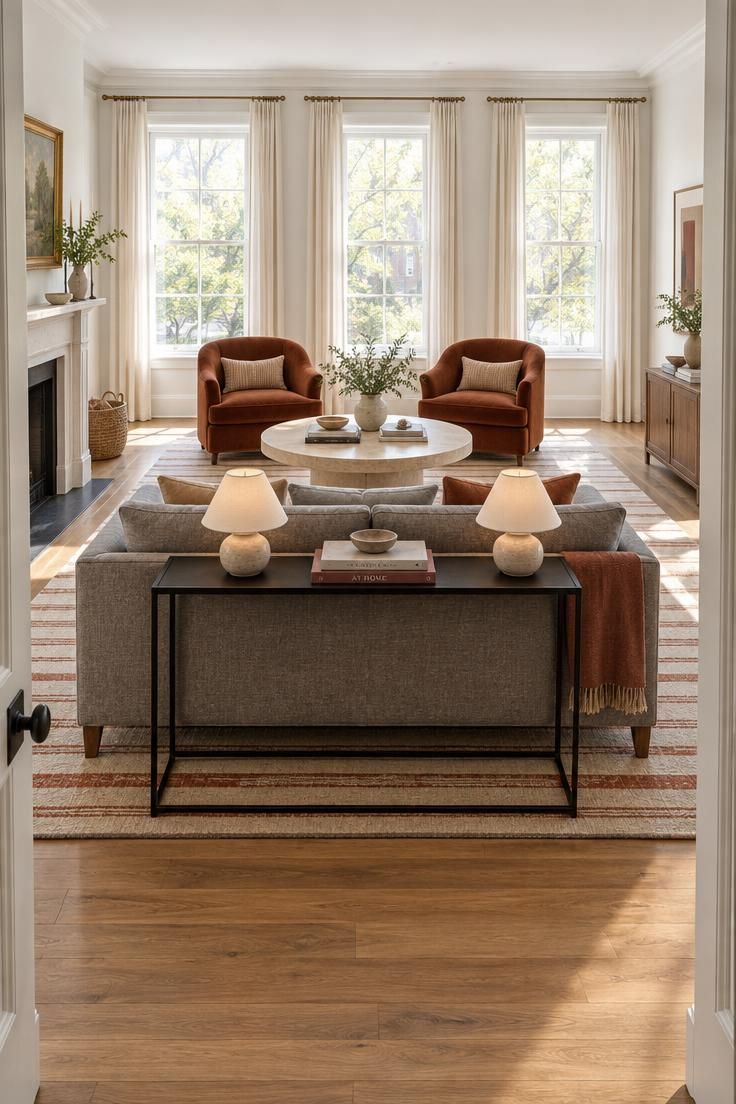 How to Arrange Living Room Furniture for Conversation and Clear Walkways 4 A gray sofa floating in the middle of a bright living room with a console behind it, rust armchairs facing it on a striped rug.