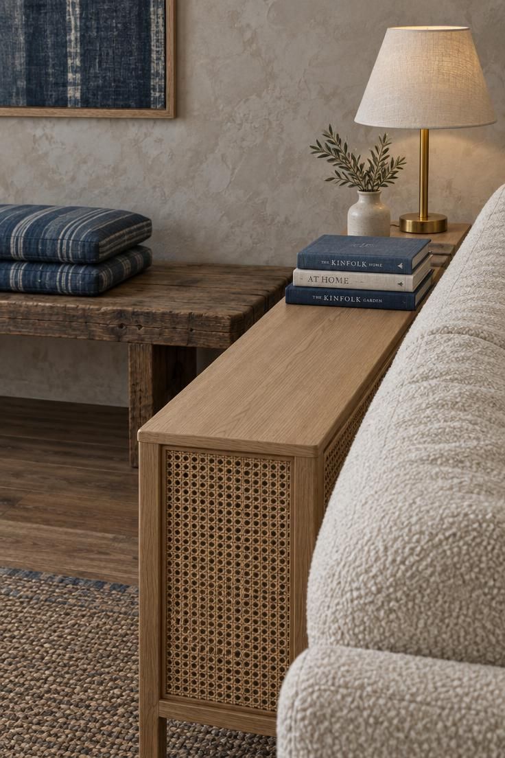 How to Arrange Living Room Furniture for Conversation and Clear Walkways 5 Detail of a cane console behind a floating sofa with a brass lamp, plus a low wood bench with stacked indigo floor cushions.