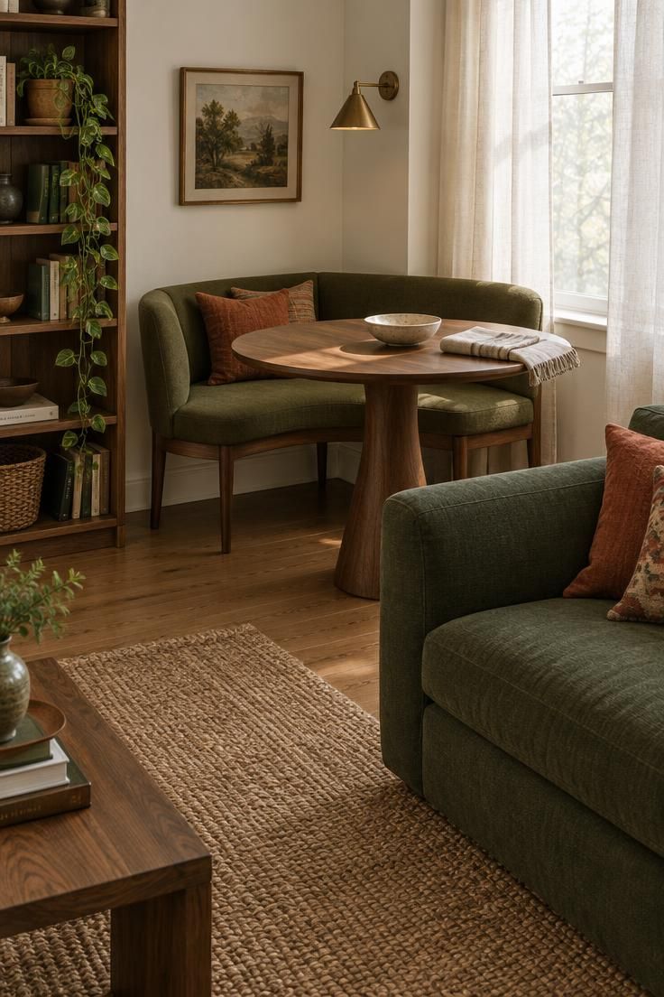 How to Arrange Living Room Furniture for Conversation and Clear Walkways 6 A small round walnut table and curved back bench tucked into a corner near a window, with a green sofa nearby.