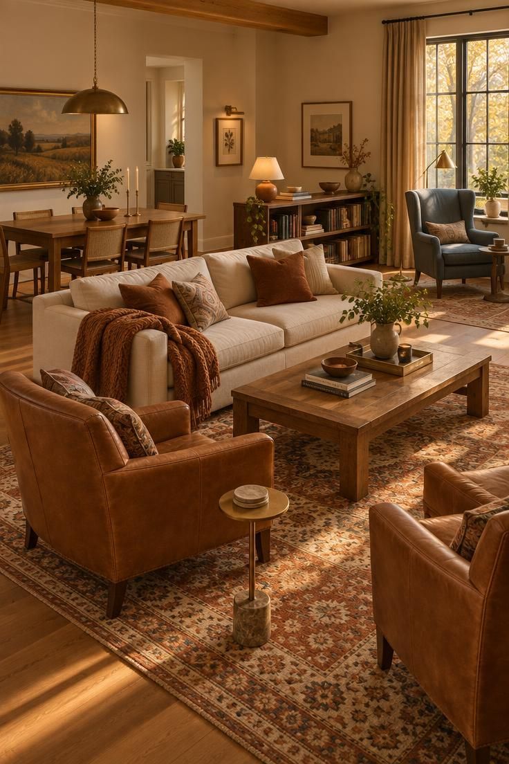 How to Arrange Living Room Furniture for Conversation and Clear Walkways 7 An open plan living room with a cream sofa on a rust patterned rug facing a dining area, plus a reading corner by a tall window.