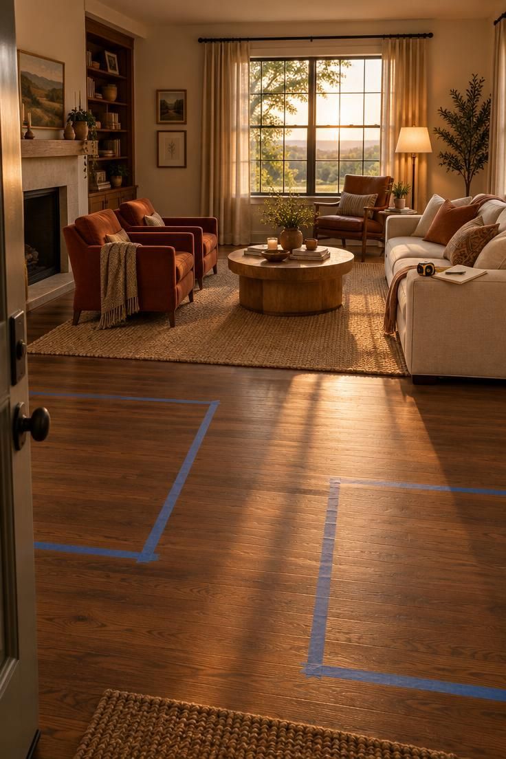 How to Arrange Living Room Furniture for Conversation and Clear Walkways 8 A living room at golden hour with painter's tape rectangles on the floor and a notebook on the sofa during a layout review.