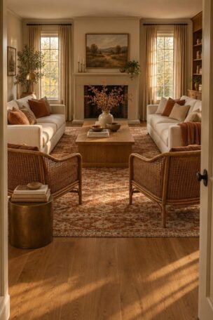 Two cream sofas facing each other on a rust and ivory rug in a warm living room with a clear path from the doorway to the seating group.