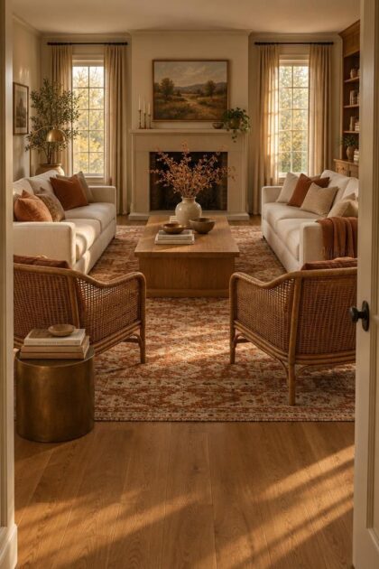 How to Arrange Living Room Furniture for Conversation and Clear Walkways Two cream sofas facing each other on a rust and ivory rug in a warm living room with a clear path from the doorway to the seating group.