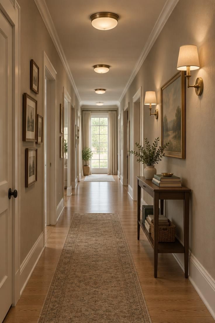 Long hallway with evenly spaced flush mount ceiling lights and shaded wall sconces, softly illuminated by diffused daylight from a bright doorway at the end, featuring warm neutral walls, oak floors, and a slim console table with a potted plant and books.