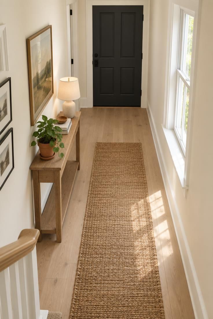 Overhead view of a narrow hallway with warm white cream walls and pale oak floor, bright daylight, a slim wooden console with a potted plant, a jute runner, and a dark door at the end