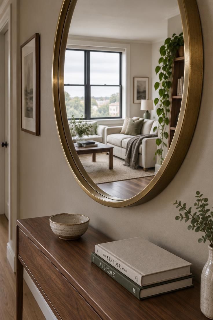 Close-up of a large round brass-framed mirror in a narrow hallway, reflecting a bright living room with a large window, above a slim walnut console; balanced overcast daylight brings soft, clear detail.