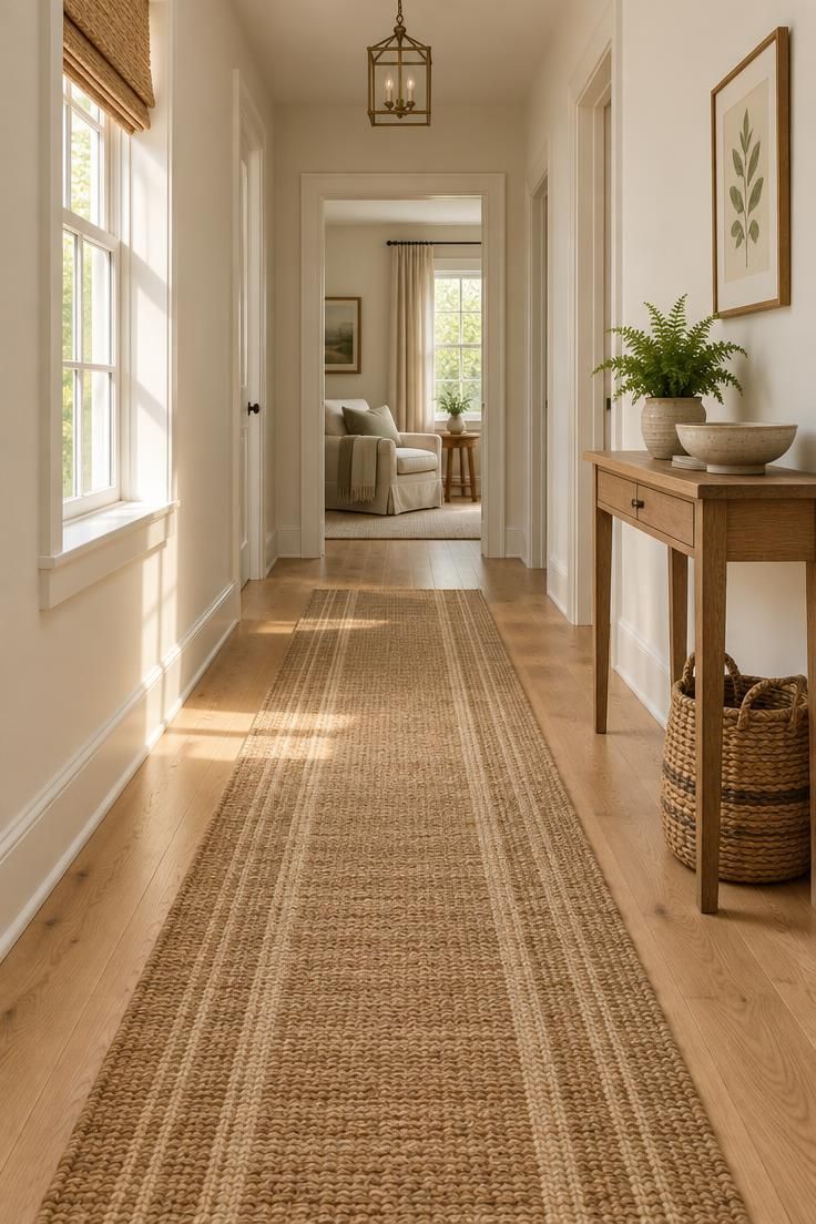 Wide view of a narrow hallway with pale oak flooring, a low-pile jute runner with subtle stripes leaving floor visible on both sides, warm golden side light, a slim wooden console with a small fern and ceramic bowl, and a woven basket near the wall