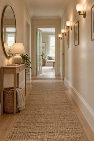 A long narrow hallway with a pale natural-fiber runner, warm ivory walls, a slim light oak console with a linen-shaded lamp, and a large round mirror at the far end reflecting a bright sitting room, with a row of shallow brass sconces along one wall and a glazed door opening to a pale green room.
