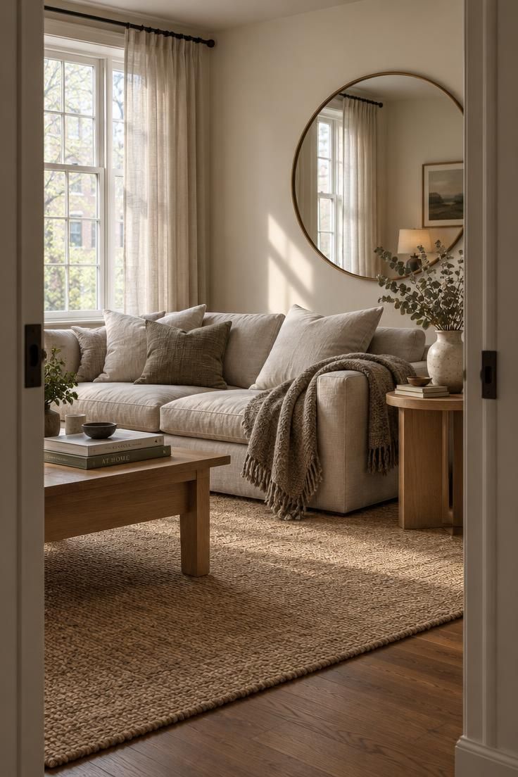 How to Brighten a Dark Living Room with Lighting and Reflective Surfaces 1 Living room with wide-mounted sheer linen curtains, a large round mirror on the opposite wall, and daylight falling across a pale sofa, side table, and jute rug.