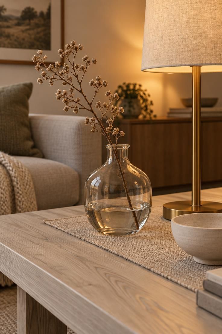 How to Brighten a Dark Living Room with Lighting and Reflective Surfaces 2 Close view of a pale wood coffee table with a glass vase, brass lamp base, and ceramic bowl in front of a softly lit wall.