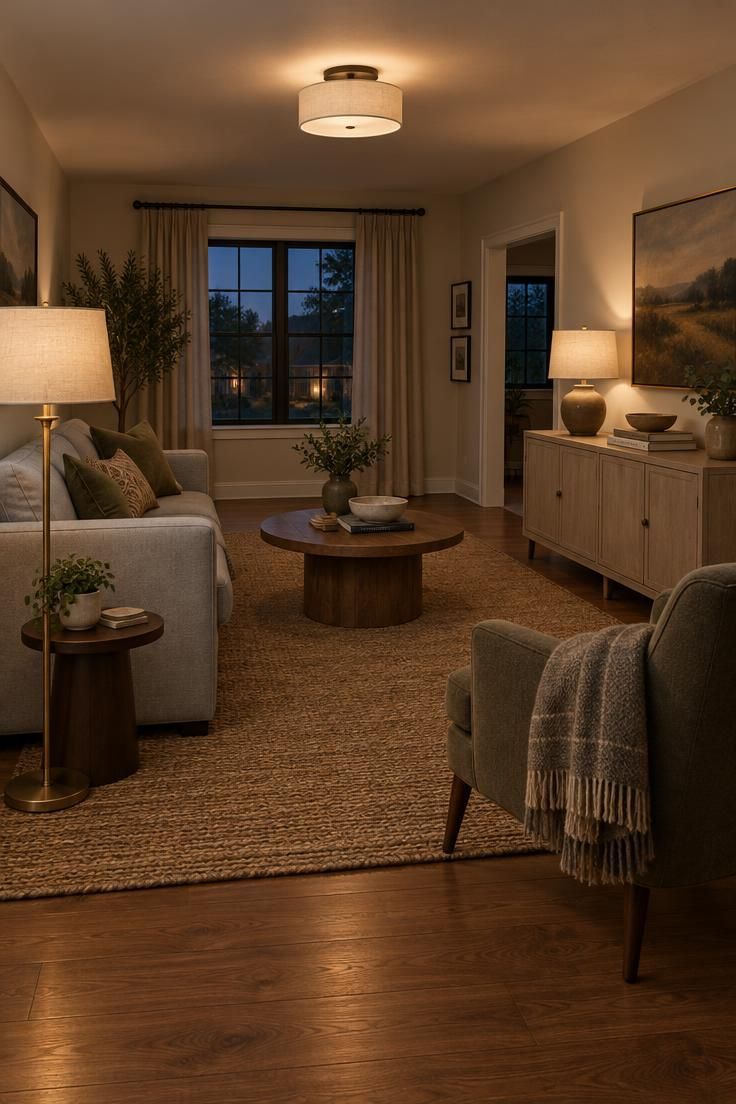 How to Brighten a Dark Living Room with Lighting and Reflective Surfaces 3 Evening living room with a flush-mount ceiling light, a floor lamp beside a sofa, and a table lamp glowing on a sideboard across the room.
