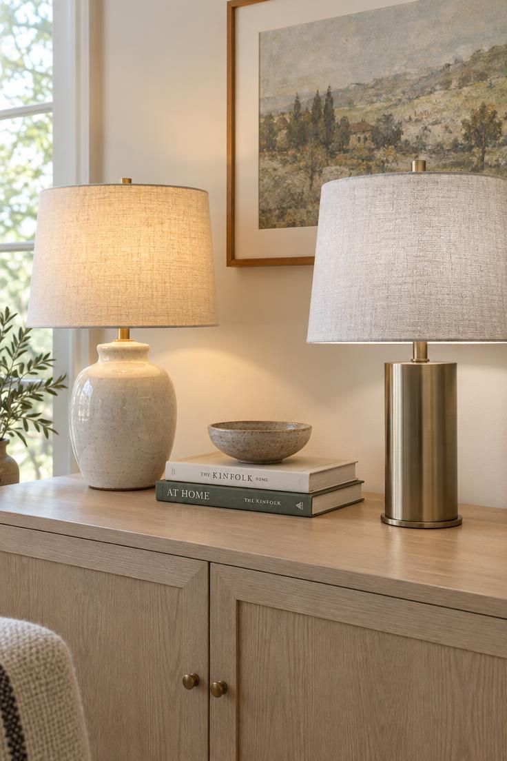 How to Brighten a Dark Living Room with Lighting and Reflective Surfaces 4 Two table lamps on a sideboard, one glowing warm white and one neutral, with lamp bases and fabric texture visible.