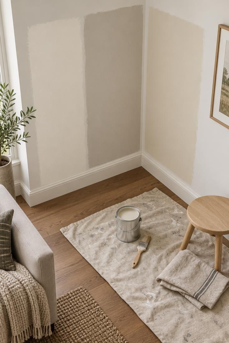 How to Brighten a Dark Living Room with Lighting and Reflective Surfaces 5 Overhead view of three warm neutral paint swatches on two walls with a paint can, brush, and drop cloth on wood flooring.
