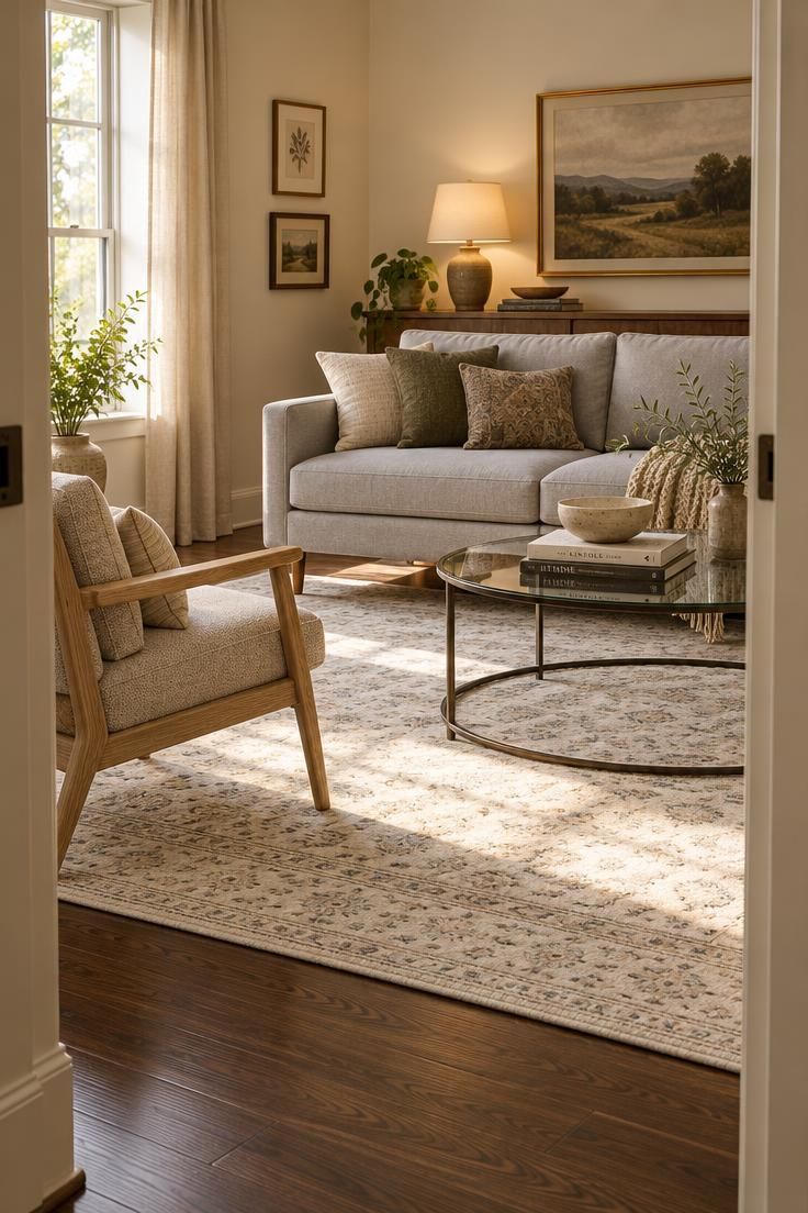 How to Brighten a Dark Living Room with Lighting and Reflective Surfaces 6 Living room with a pale rug over dark wood flooring, a light gray sofa on raised legs, and a round glass coffee table lit by a side window.