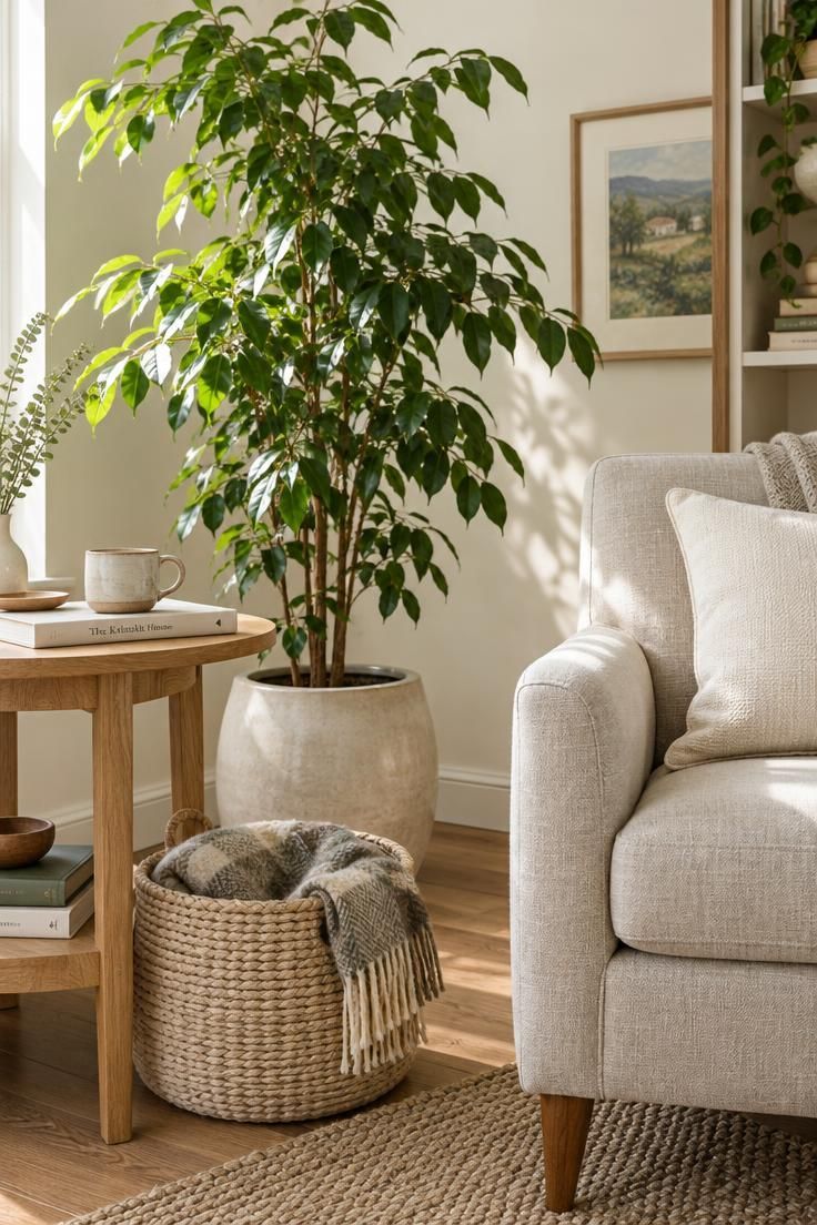 How to Brighten a Dark Living Room with Lighting and Reflective Surfaces 7 Living room corner with a tall plant in a pale ceramic pot beside a light wood side table, woven basket, and linen armchair.