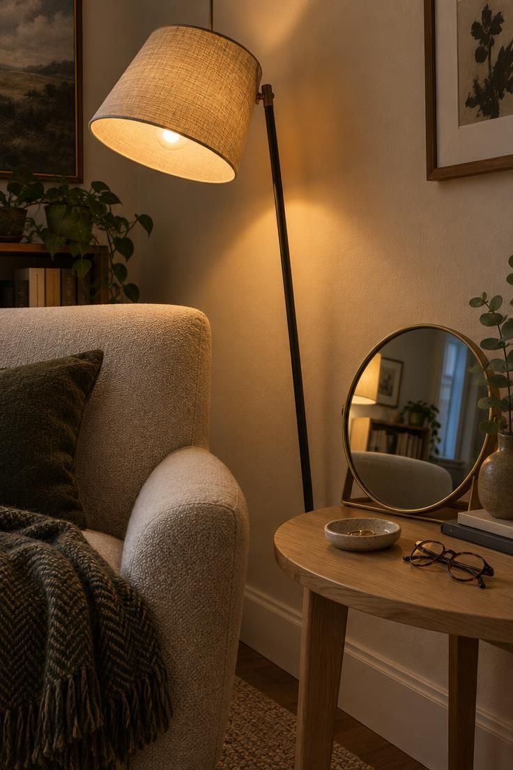 How to Brighten a Dark Living Room with Lighting and Reflective Surfaces 8 Corner with a floor lamp aimed at the wall, a small mirror propped on a side table, and a warm dimmable bulb glowing against pale upholstery.