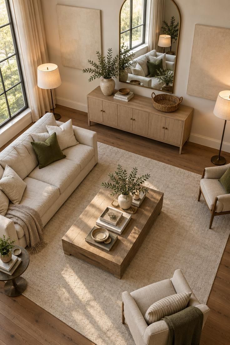 How to Brighten a Dark Living Room with Lighting and Reflective Surfaces 9 Overhead view of a light-filled living room with a large mirror reflecting a window, two floor lamps, a pale rug, and warm paint swatches on the wall.