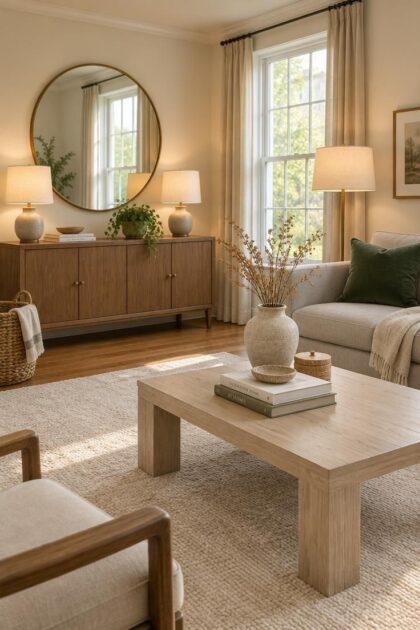 How to Brighten a Dark Living Room with Lighting and Reflective Surfaces Bright living room with a large mirror opposite a window, layered lamps on a sideboard and floor, a pale rug over wood flooring, and warm neutral walls.