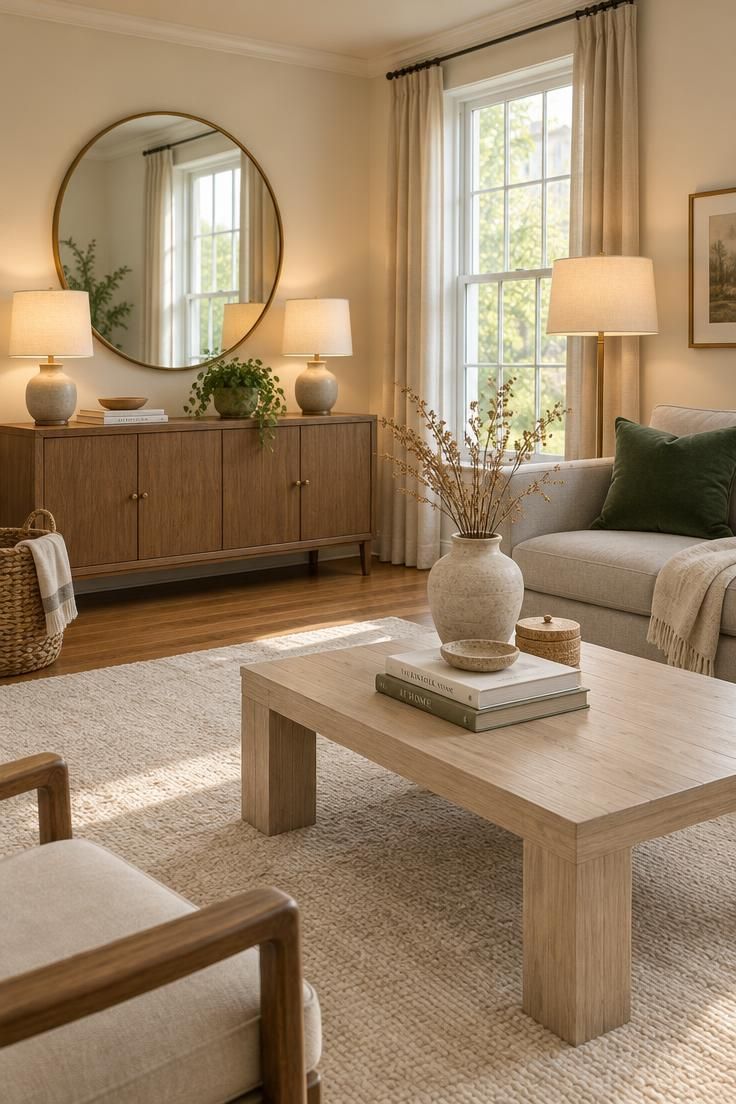 Simple Spaces 26 Bright living room with a large mirror opposite a window, layered lamps on a sideboard and floor, a pale rug over wood flooring, and warm neutral walls.