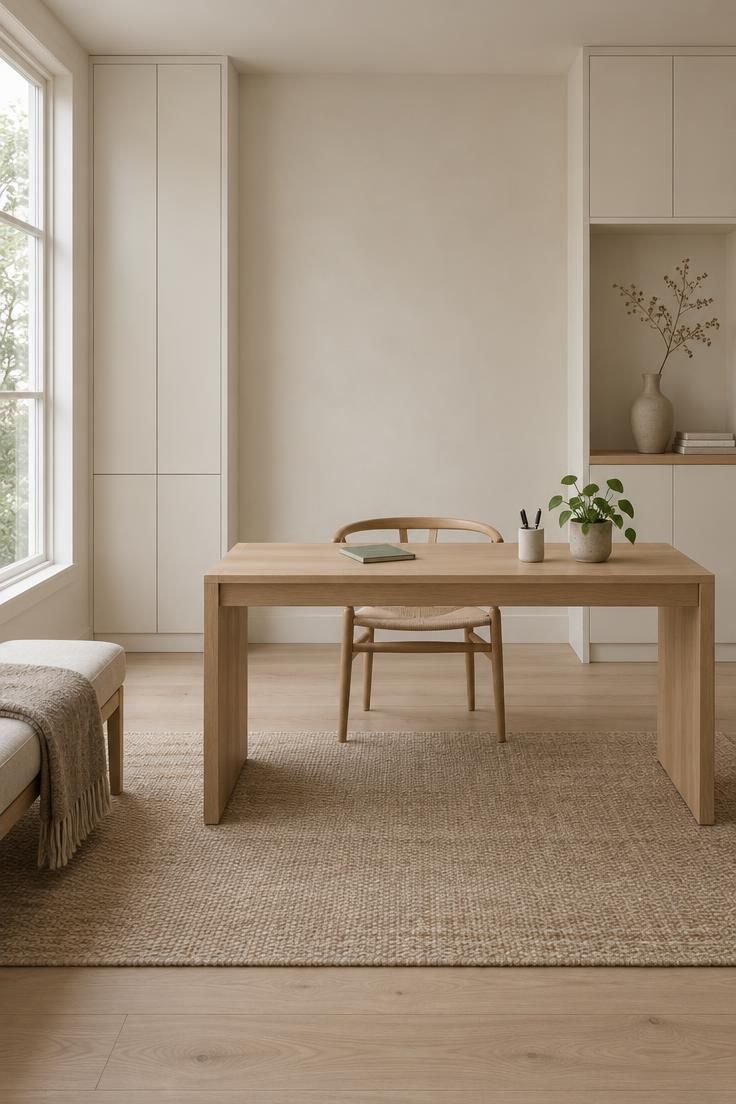A wide view of a calm home office with a pale oak desk holding only a notebook, pens, and a plant, set against floor-to-ceiling handle-less cabinets painted to match the warm-white wall, with soft daylight from a tall window.
