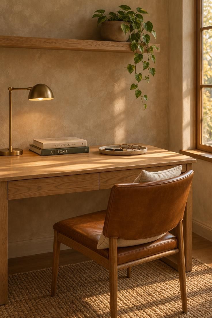 A warm minimalist home office nook with a light-wood desk, cognac leather chair, and plaster-textured wall, lit by golden late-afternoon light that reveals wood grain and surface texture.