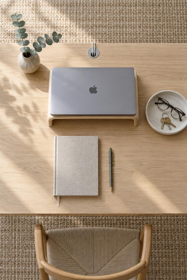 An overhead view of a clean home desk with a laptop on a stand, one notebook, a pen, and a ceramic tray of small items, with cords routed out of sight below the surface in bright midday daylight.