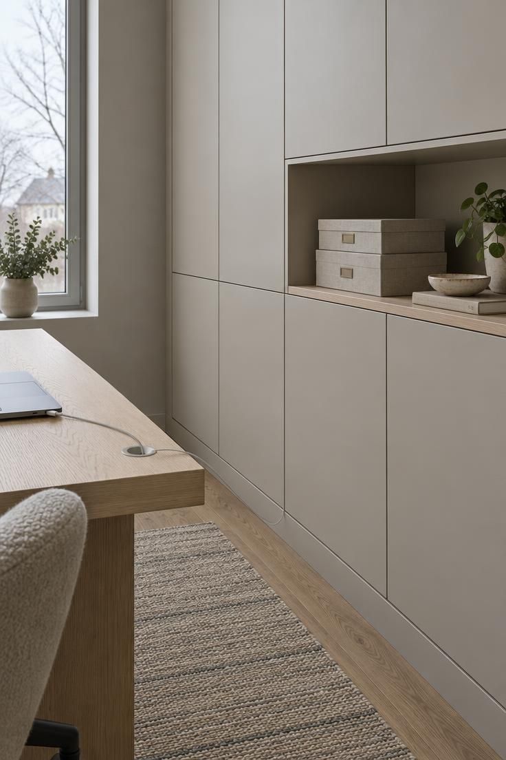 A close-up of handle-less flush-front cabinets painted to match a home office wall, with a laptop charging cord emerging from a small grommet in a pale oak desk and an open niche holding cloth archive boxes.