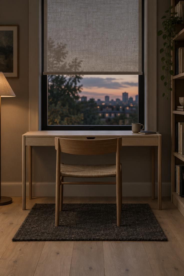 A slim handle-less ash desk against a window with a clean-lined oak chair pushed fully underneath, surrounded by clear floor space in moody low evening light softened by a floor lamp.
