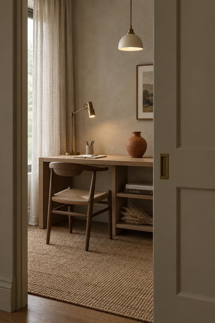 A threshold view through a partially open sliding door into a compact home office with a linen-curtained window, a shallow wood desk, a terracotta vessel, and layered task and pendant lighting.