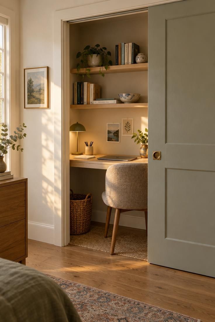A closet turned home office seen through a partially open sliding door, with a slim wood desk, small chair, wall shelves, and warm golden light entering from the room beyond.