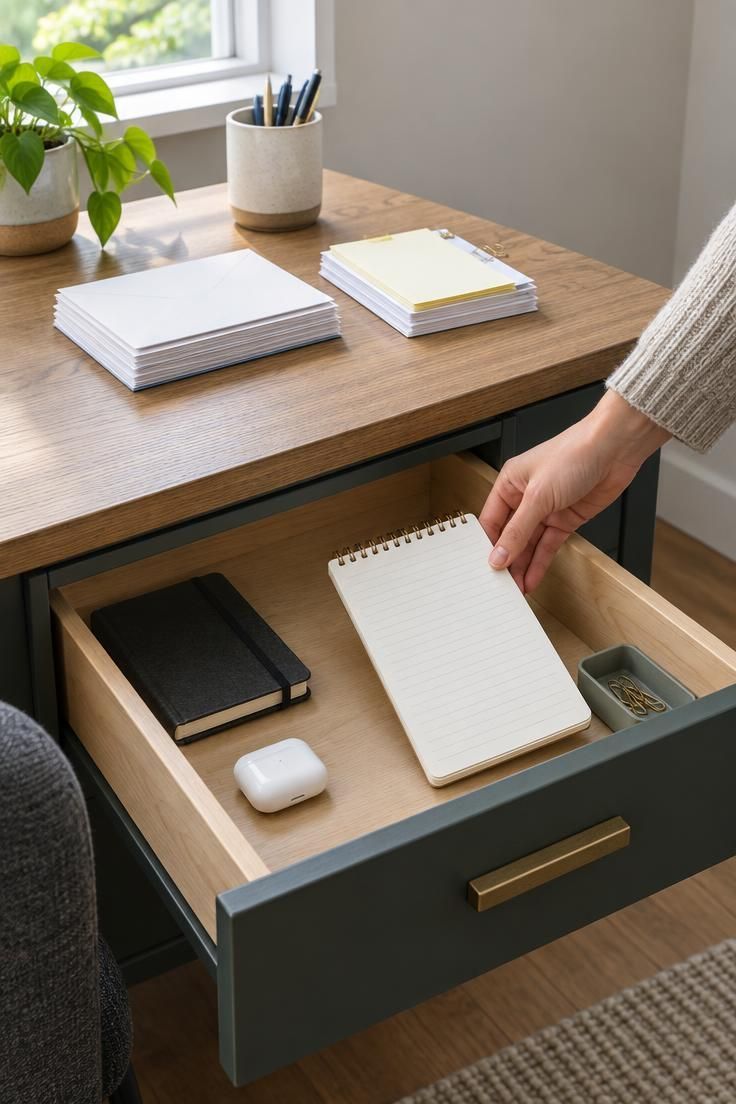 A close-up of a hand returning an unused notepad to an open home office drawer while a few papers wait on the desk nearby for sorting, showing how a weekly reset keeps a minimalist workspace minimal over time.