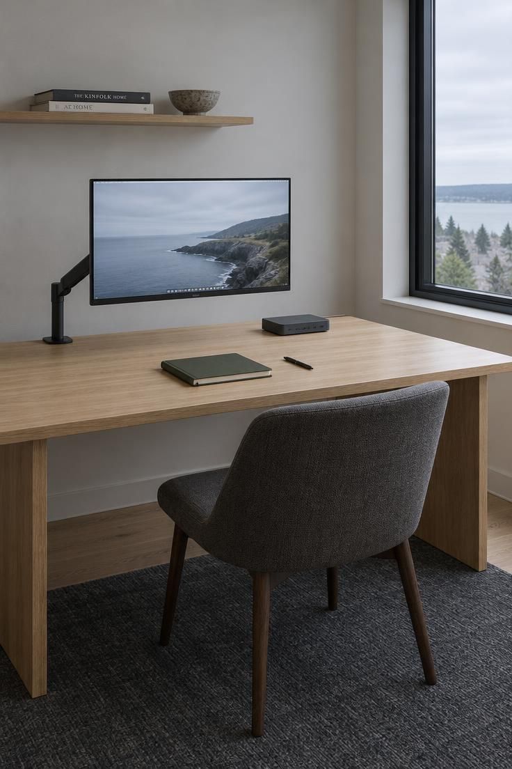 A generous pale oak desk holding a large external monitor, docking station, and notebook with clear space around each, set against bare walls in cool overcast daylight.