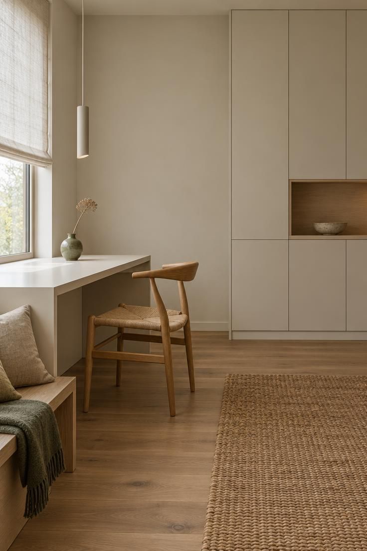 Simple Spaces 25 A tranquil home office corner with a white desk holding a pendant lamp and ceramic vase, an oak chair, and a wall of handle-less pale cabinets, lit by soft natural light from a side window.