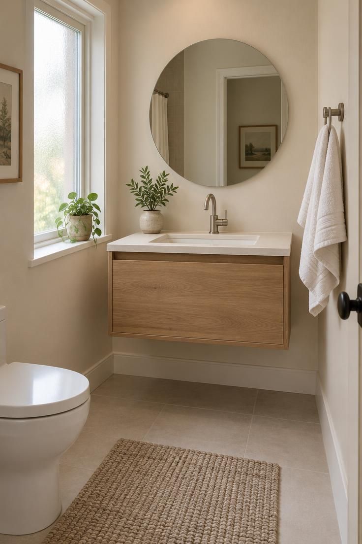 How to Decorate a Minimalist Bathroom Without Making It Feel Bare 1 Small bathroom with warm white walls, a floating oak vanity, a round mirror, and one plant on the counter.