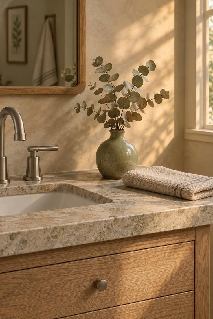 How to Decorate a Minimalist Bathroom Without Making It Feel Bare 2 Warm beige bathroom wall with an oak cabinet, sage ceramic vase, and brushed nickel faucet.