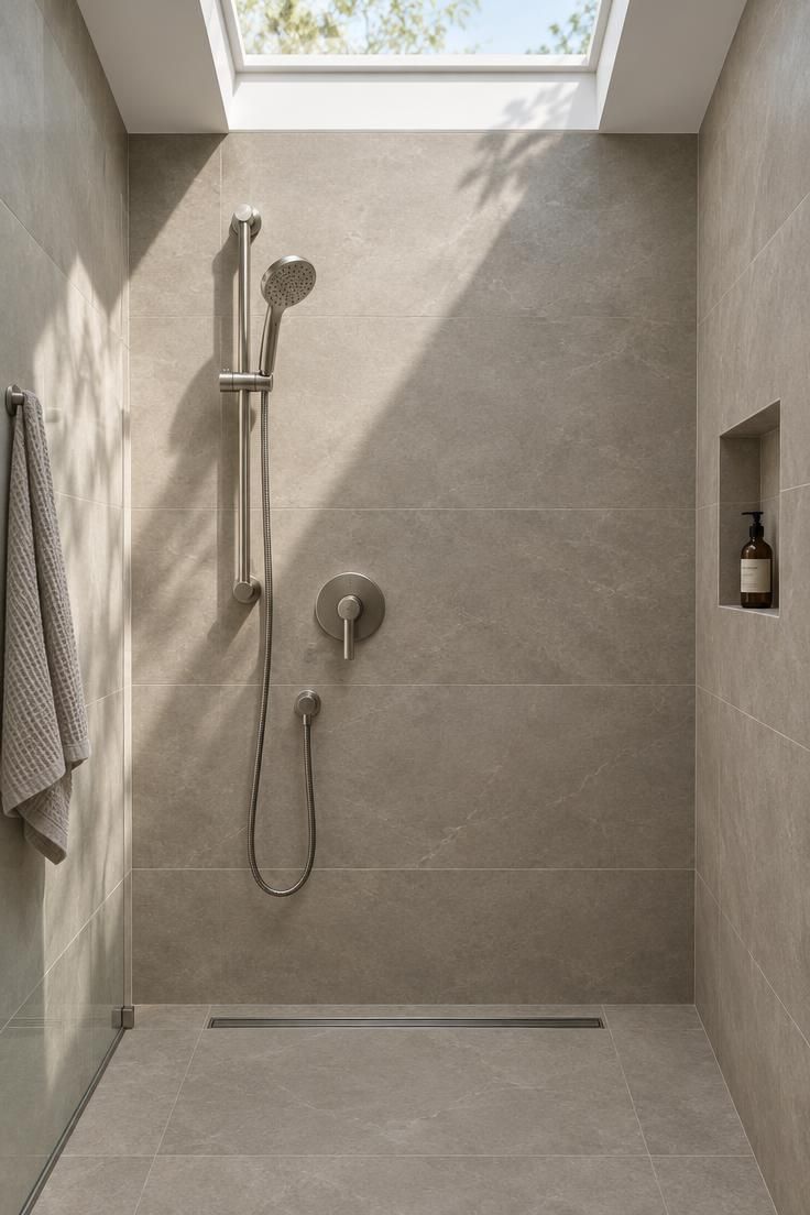 How to Decorate a Minimalist Bathroom Without Making It Feel Bare 3 Overhead view of large matte greige porcelain tiles with thin grout lines and a linear drain.