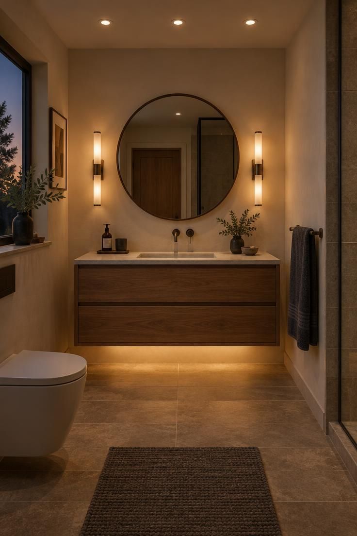 How to Decorate a Minimalist Bathroom Without Making It Feel Bare 4 Bathroom with recessed ceiling lights, two vertical sconces beside a round mirror, and under-vanity lighting.
