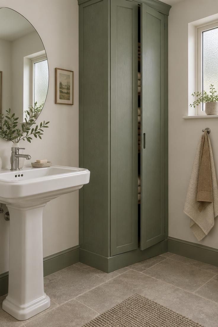 How to Decorate a Minimalist Bathroom Without Making It Feel Bare 5 White pedestal sink beside a floor-to-ceiling sage green cabinet with closed doors and a round mirror above.