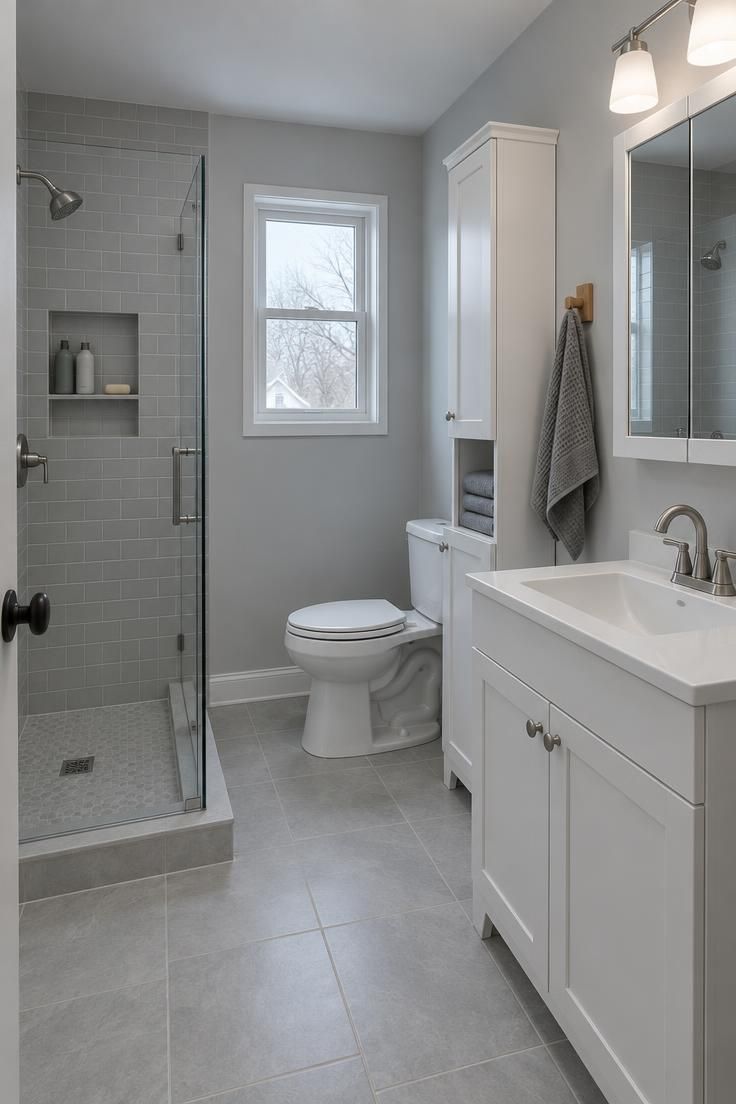 How to Decorate a Minimalist Bathroom Without Making It Feel Bare 6 Compact bathroom with a mirrored medicine cabinet, a shower niche, and a tall narrow linen cabinet.