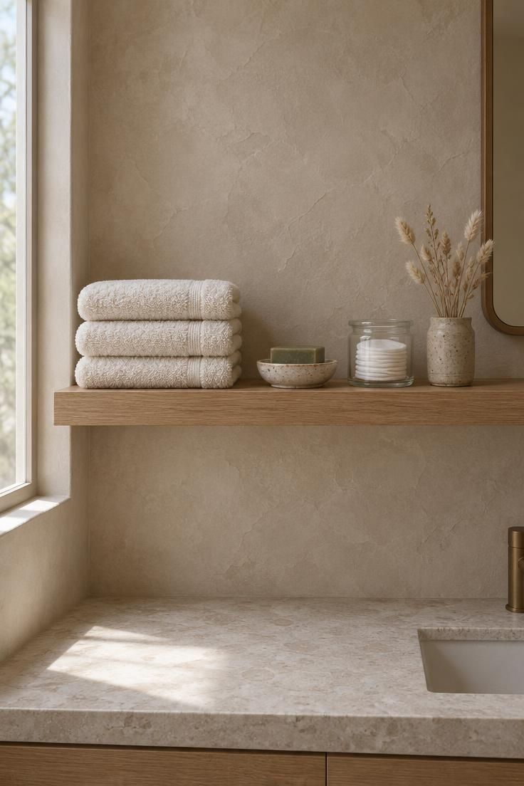 How to Decorate a Minimalist Bathroom Without Making It Feel Bare 7 White oak floating shelf with folded cream towels, a ceramic soap dish, and a small dried grass bundle.