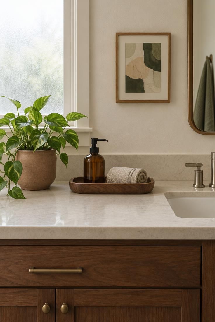How to Decorate a Minimalist Bathroom Without Making It Feel Bare 8 Vanity counter styled with four accessories: a small plant, a walnut tray holding soap and a towel, and one framed print.